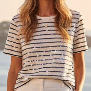 Sequin Striped J. Crew Ivory Navy Cotton Tee Size L Large